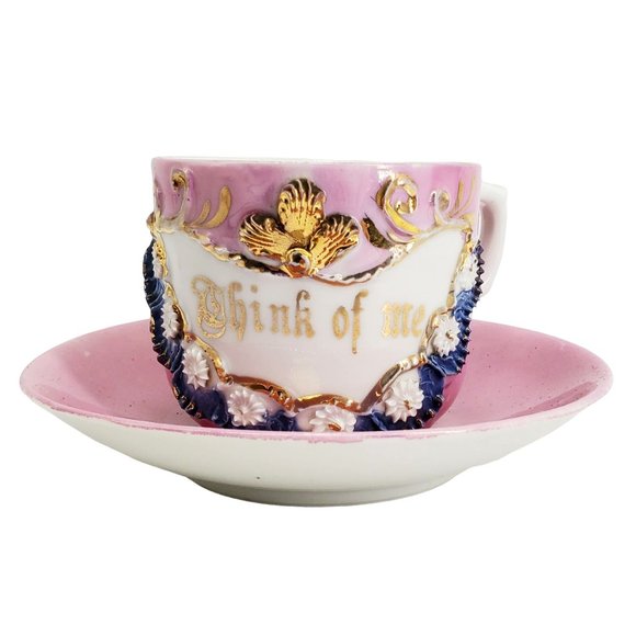 Antique Think of Me Victorian Cup & Saucer Set 1880s Victorian Germany Motto - Picture 2 of 8